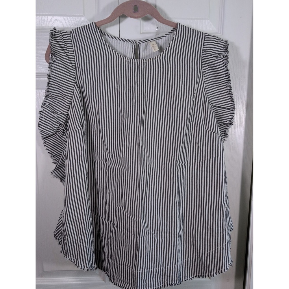 Elan Grey & White Striped Ruffled Shirt Large